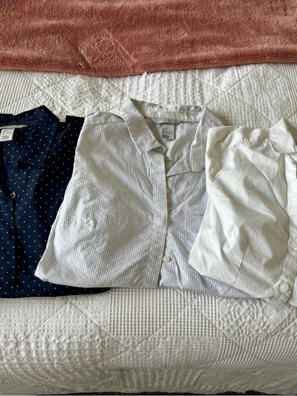 H&M Women Button-Down Shirt Set - Navy Polka Dot, Light Blue Stripe, White
